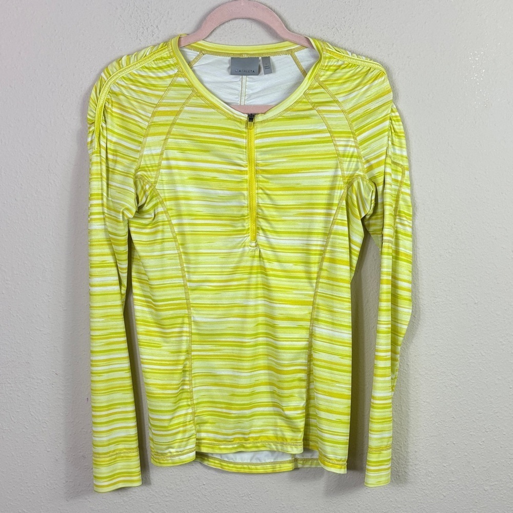 Athleta Long Sleeve 1/4 Zipper Pullover Top Yellow stripped pattern size M